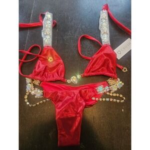 Crush Tulum Scarlett Red Crystal Embellished Bikini Set Metallic Red Rhinestone